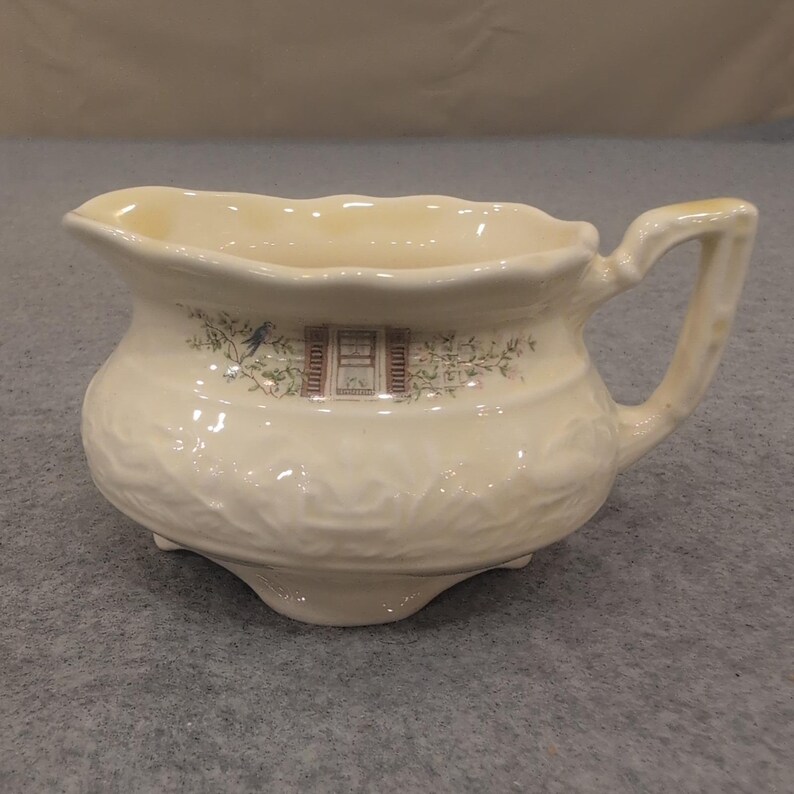 Vintage Creamer Pitcher Ceramic Floral Window Scene Embossed Cream Made in USA image 3