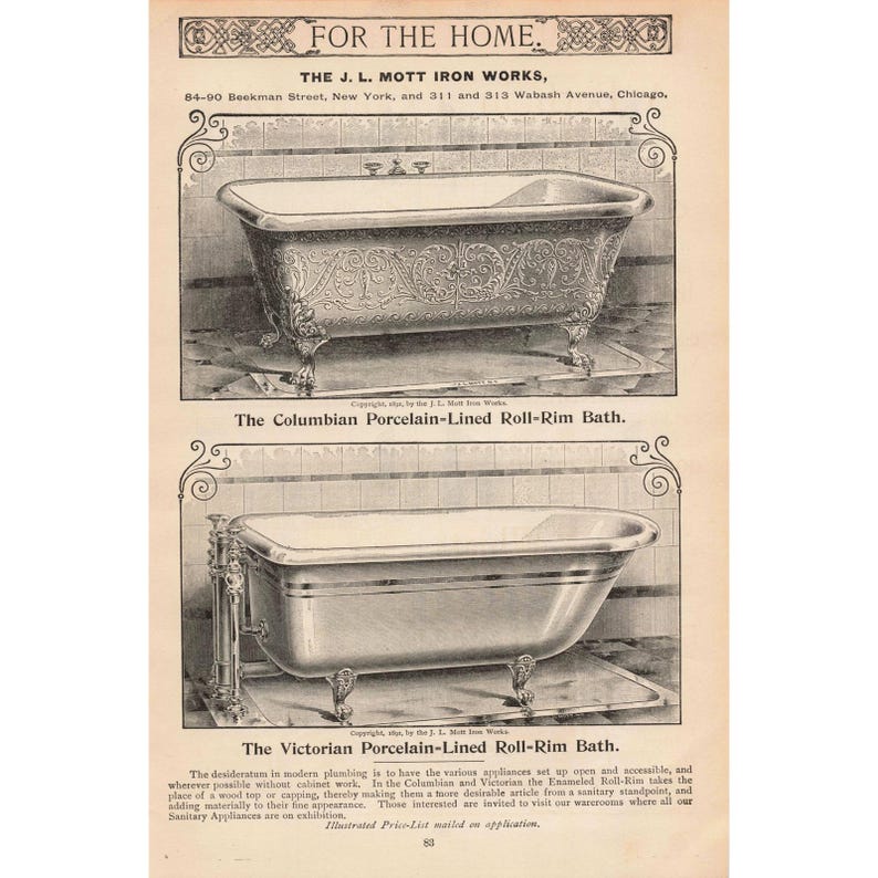 1892 J L Mott Iron Works Columbian Porcelain Lined Roll Rim Bath Tub Print Ad image 1