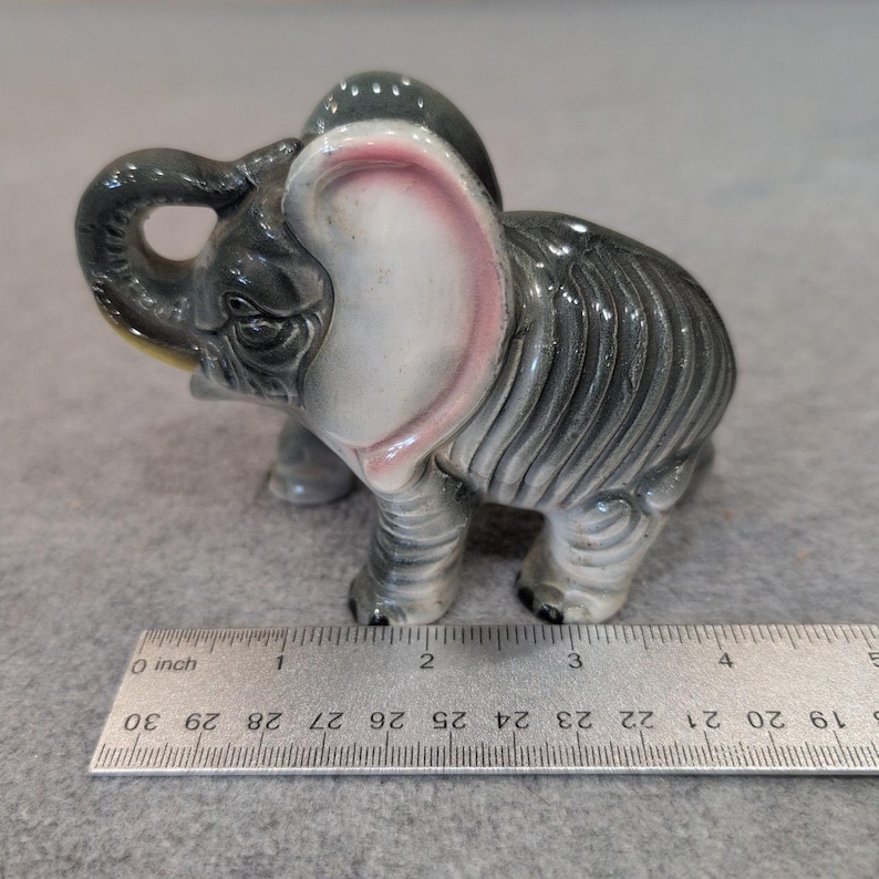 Vintage Hand Painted Japan Ceramic Elephant Figurine Grey Pink Glossy Glaze image 2
