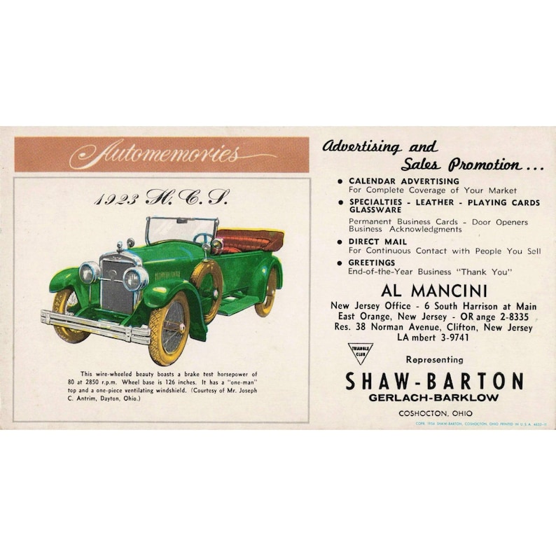 Vintage 1956 Shaw-Barton Automemories Blotter 1923 HCS Car Al Mancini NJ image 1