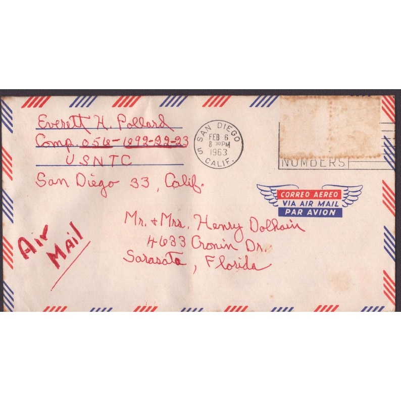 Vintage 1963 San Diego USNTC Airmail Envelope French Handwritten Letter VG image 1