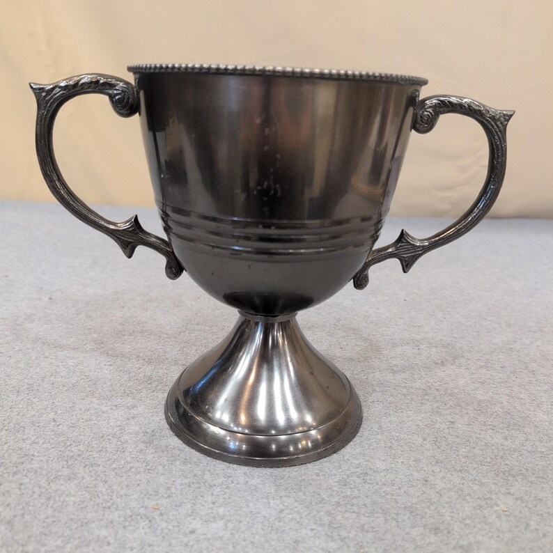 Vintage Silver Tone Loving Cup Trophy Ornate Handles Beaded Rim Pedestal Base image 7