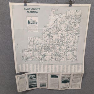 Clay County Alabama VTG Road Map Travel Guide Tourism Information Map 29" x 23" image 1