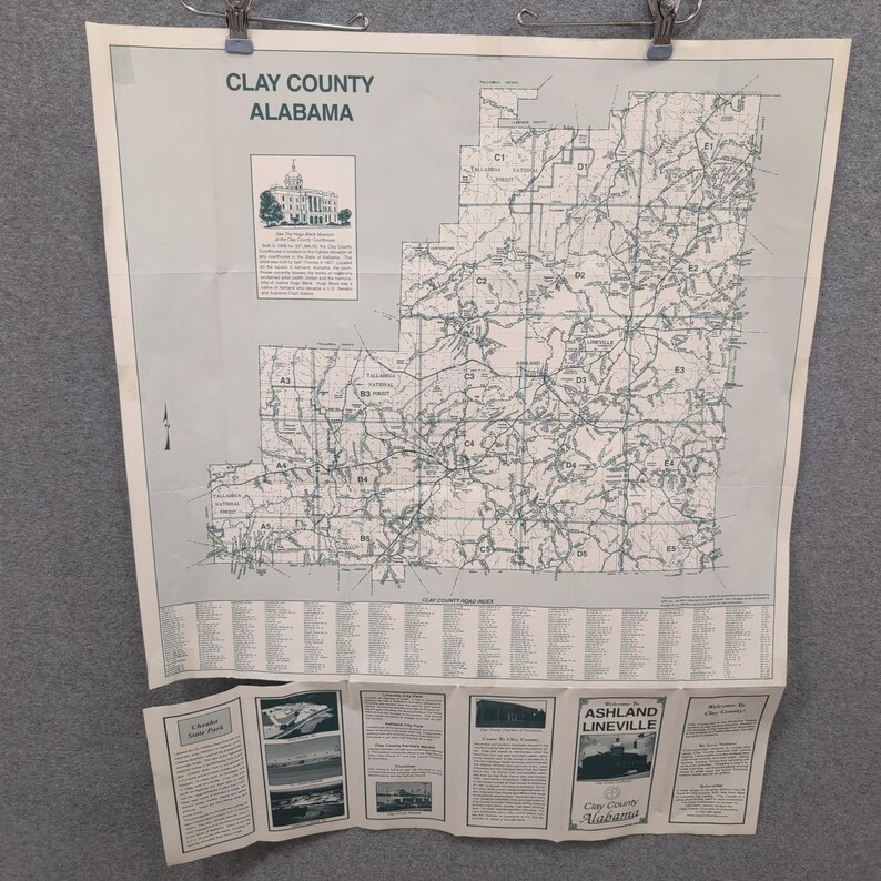 Clay County Alabama VTG Road Map Travel Guide Tourism Information Map 29" x 23" image 1