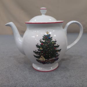 Cuthbertson American Christmas Tree Ceramic Teapot White Red Trim Holiday Decor image 1