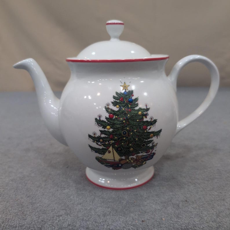 Cuthbertson American Christmas Tree Ceramic Teapot White Red Trim Holiday Decor image 1