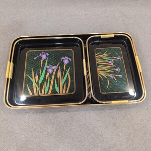 Vintage Japanese Style Black Lacquer Nesting Serving Trays Purple Iris Set of 3 image 2
