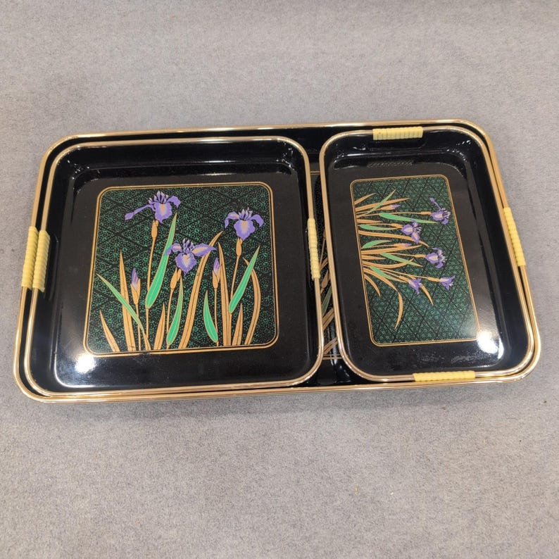 Vintage Japanese Style Black Lacquer Nesting Serving Trays Purple Iris Set of 3 image 2