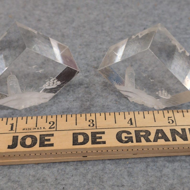 Vtg Intaglio Etched Nautical Lighthouse Ship Clear Cube Paperweights Set of 2 image 4