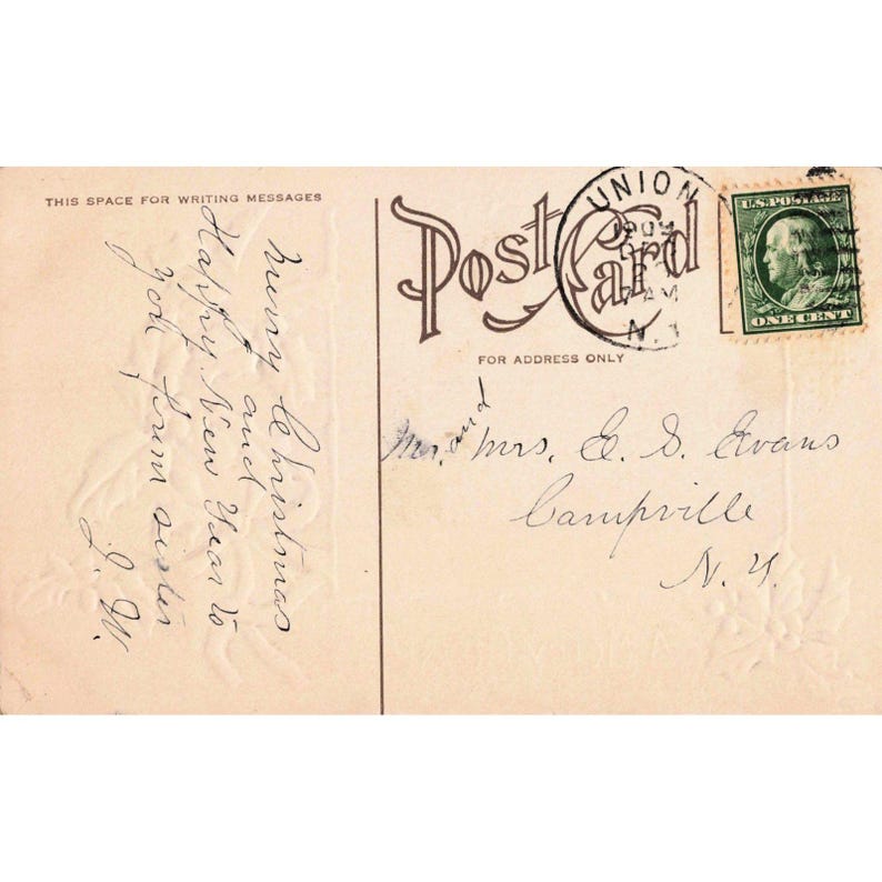 Vintage 1909 Embossed Christmas Postcard Woman Green Hat Holly Union NY Stamp image 2