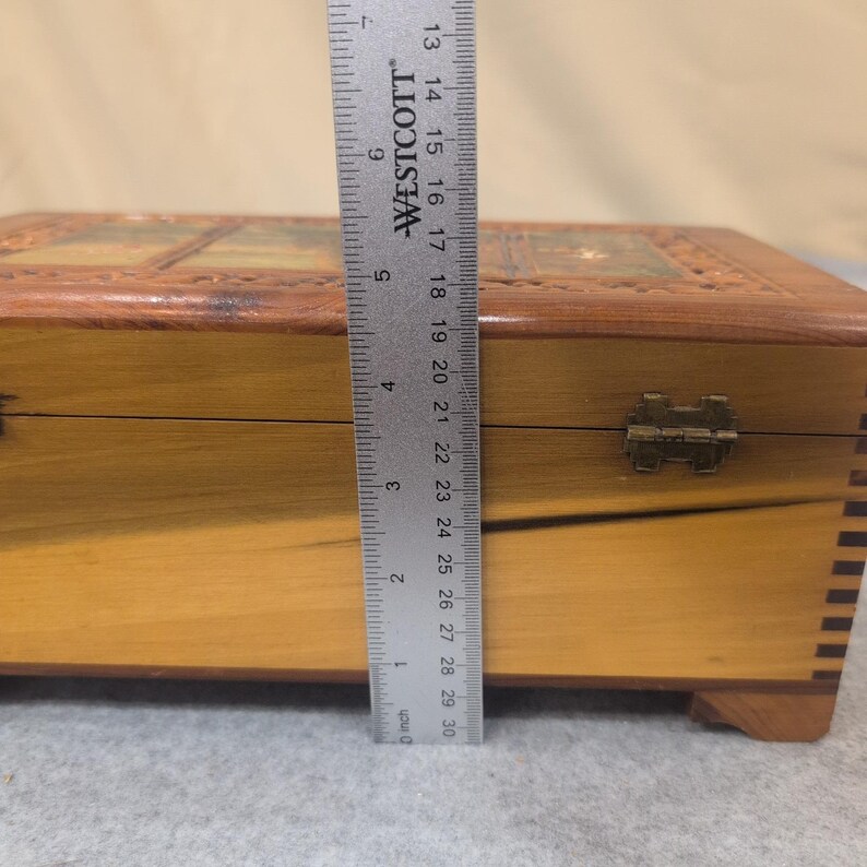 Vintage Cedar Wood Keepsake Chest Cottage Landscape Mirror Jewelry Box Latch image 8