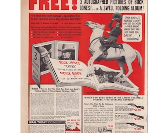 Vintage advertentie uit 1937 voor Daisy luchtgeweren met Buck Jones, film, boek en reclame voor luchtbuksen.