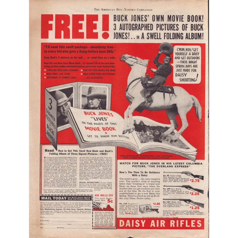Vintage-Werbung für Daisy-Luftgewehre von 1937 – Buck Jones, Film, Buch, BB-Gun-Werbung Bild 1