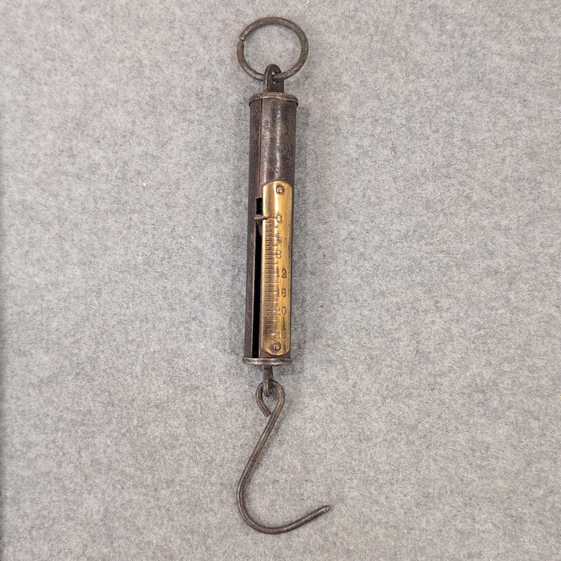 Antique Brass & Iron Hanging Spring Scale w/ Hook Ring – c.1890s Farm Tool image 1