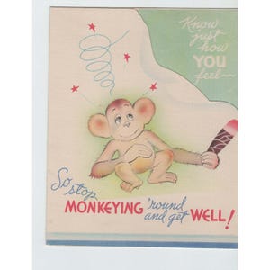 Vintage 1950s Get Well Card Monkey Die Cut Mid Century Used Signed image 1