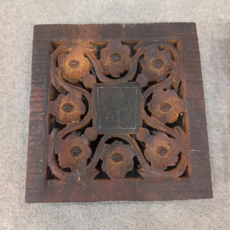 Vintage Hand Carved Sheesham Wood Trivet Set 2 Piece Floral Leaf Made in India image 2