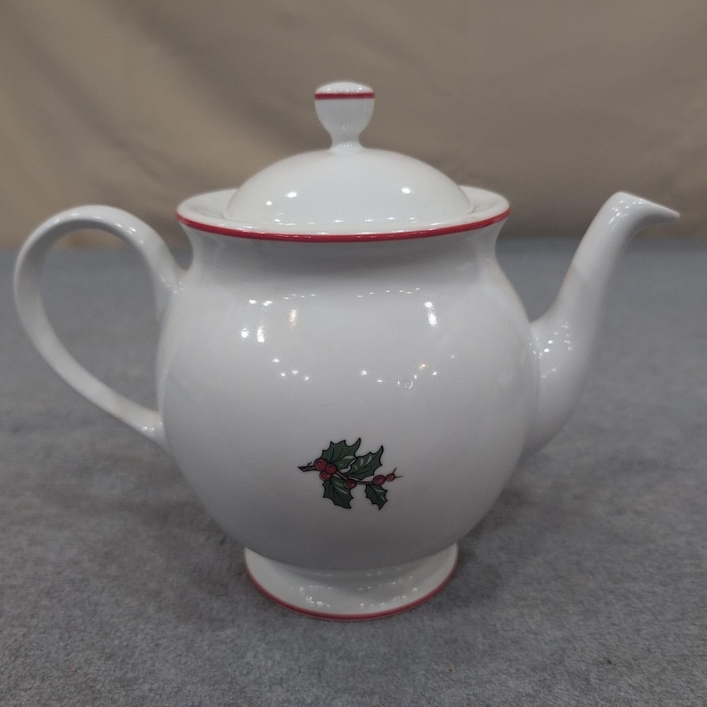 Cuthbertson American Christmas Tree Ceramic Teapot White Red Trim Holiday Decor image 4