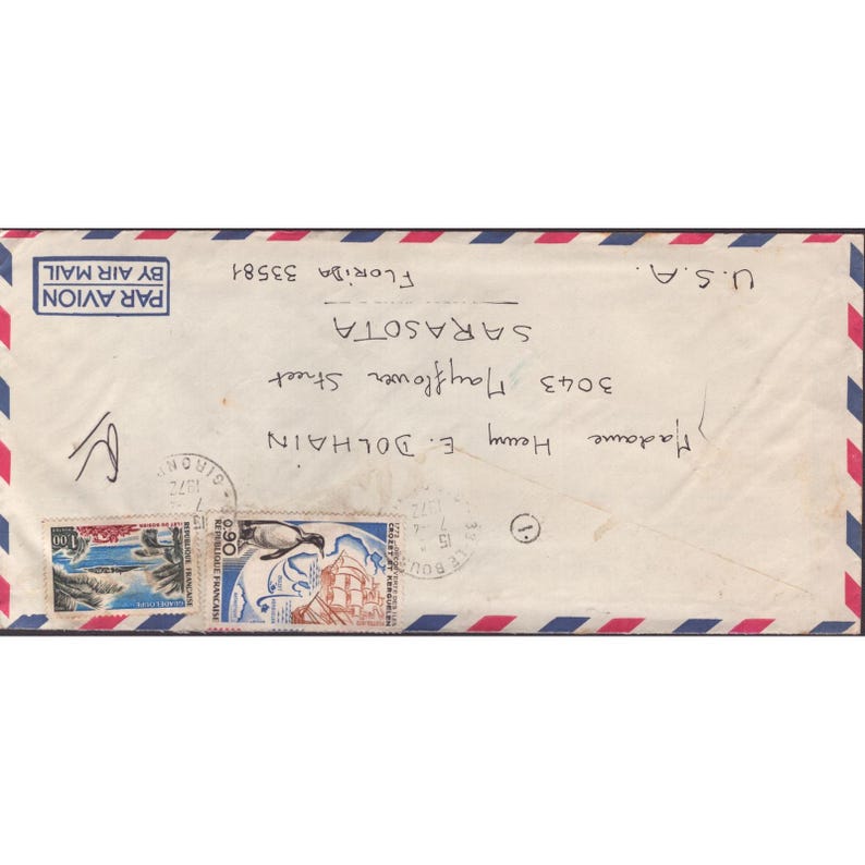 Vintage 1972 France Airmail Cover TAAF Guadeloupe Stamps Sarasota Florida VG image 1