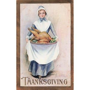 Carte postale ancienne de Thanksgiving, illustration d'une pèlerine et dinde rôtie. Très bon état. image 1