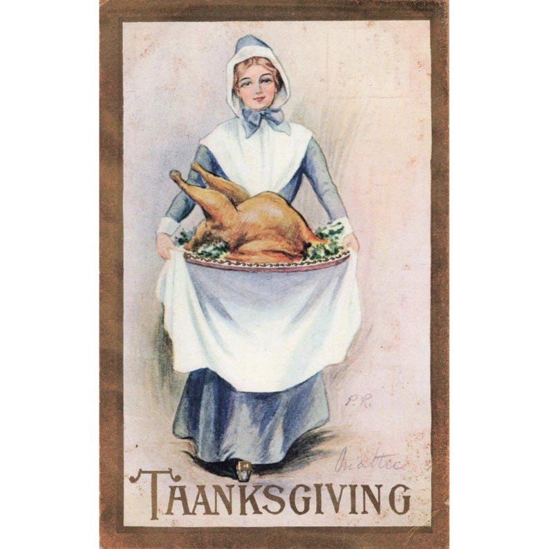 Carte postale ancienne de Thanksgiving, illustration d'une pèlerine et dinde rôtie. Très bon état. image 1