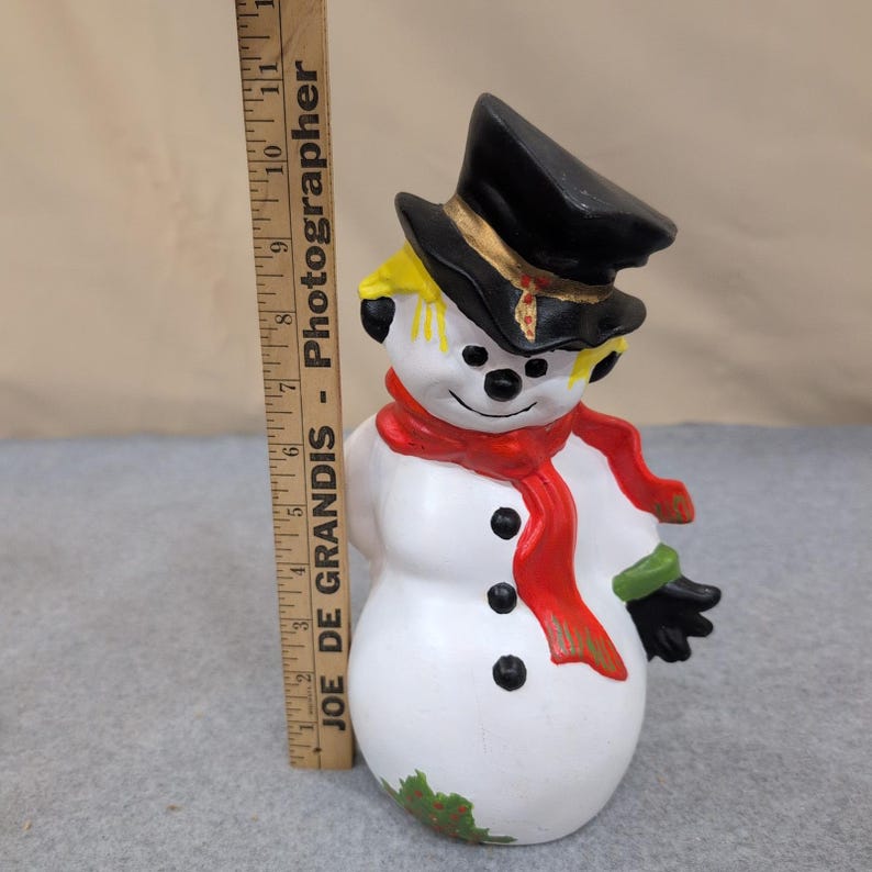 Vintage Hand Painted Ceramic Snowman Figurine with Top Hat and Red Scarf image 2