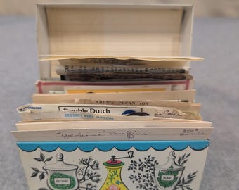 Vintage Metal Recipe Box with Handwritten and Clipped Recipes Herb Motif Tin