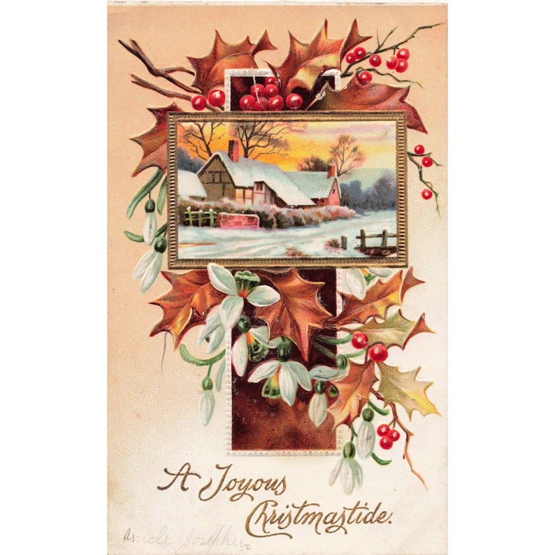 Vtg Embossed Christmas Postcard Snowy Cottage Cross Holly Germany Series 1053 image 1