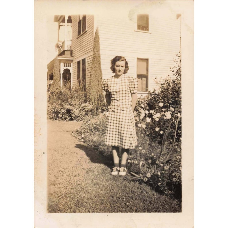 1940s Vintage Photograph Girl In Gingham Dress Outdoors 3.5 x 2.5 inches image 1