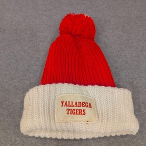 Vintage Talladega Tigers Red White Knit Pom Pom Beanie Hat VG image 1