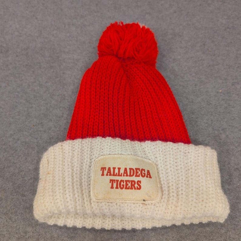 Vintage Talladega Tigers Red White Knit Pom Pom Beanie Hat VG image 1