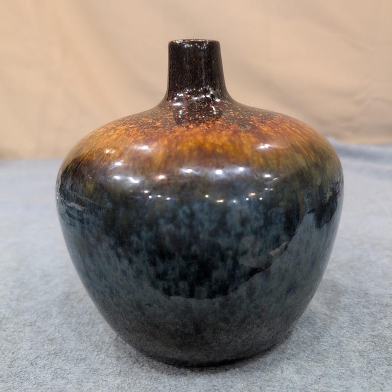 Unattributed Studio Pottery Vase Hand Thrown Stoneware Brown Blue Drip Glaze image 1
