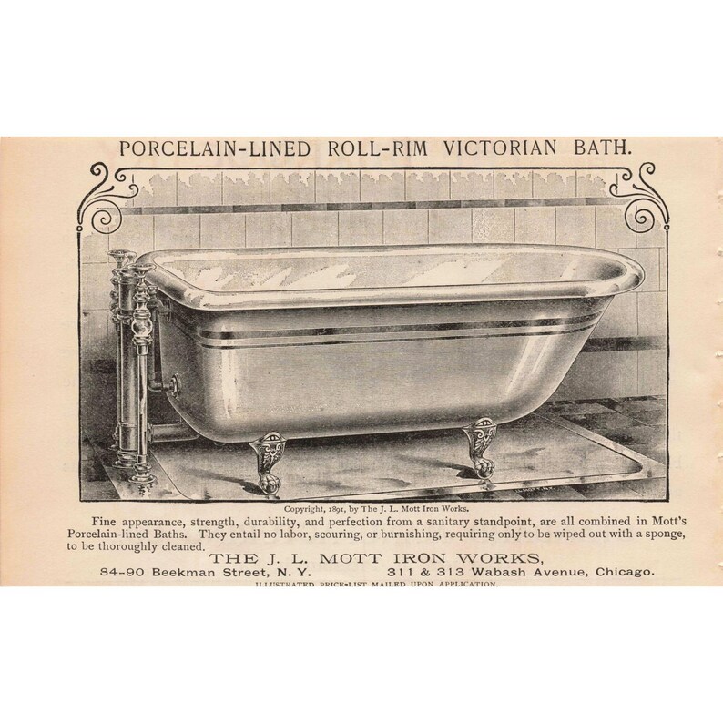 1891 J L Mott Iron Works Victorian Porcelain Lined Roll Rim Bathtub Print Ad image 1