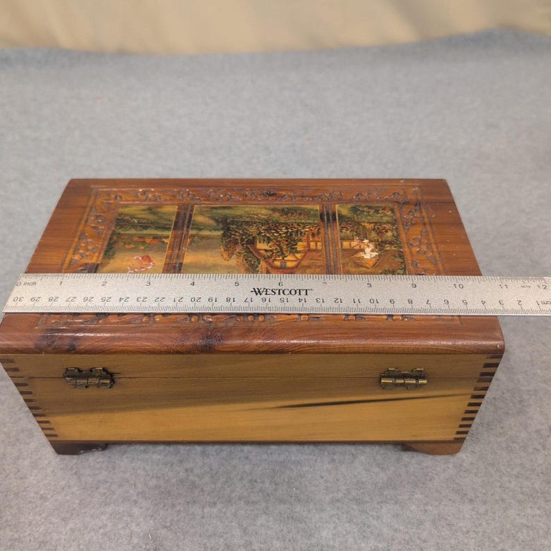 Vintage Cedar Wood Keepsake Chest Cottage Landscape Mirror Jewelry Box Latch image 9