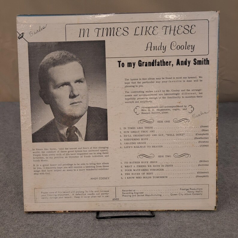Andy Cooley In Times Like These Vinyl LP Gospel Hymns Prestige Productions 60422 image 2