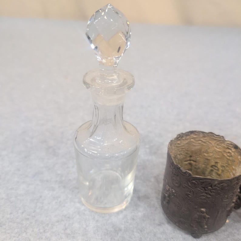 Vintage Dutch Windmill Cruet Set Glass Bottles Ornate Metal Caddy Village Scene image 6