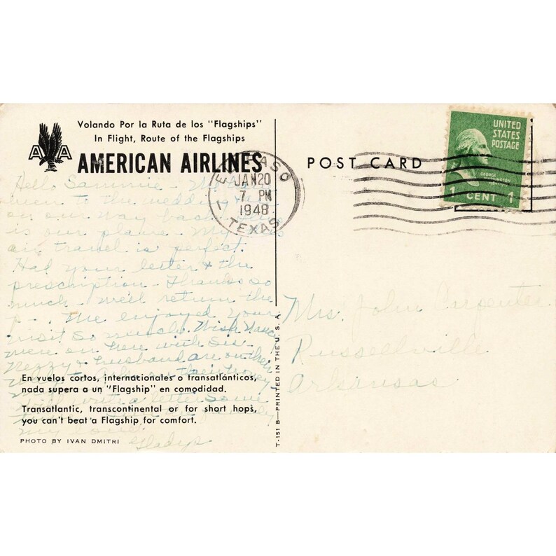 American Airlines Douglas DC-4 Flagship Linen Postcard Ivan Dmitri 1948 image 2