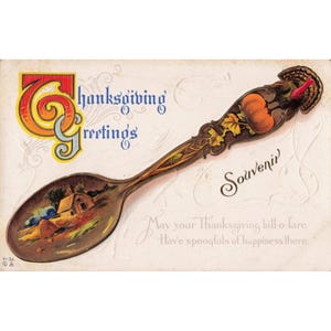 Vintage Thanksgiving Greetings Embossed Postcard Souvenir Spoon Farm Turkey VG image 1