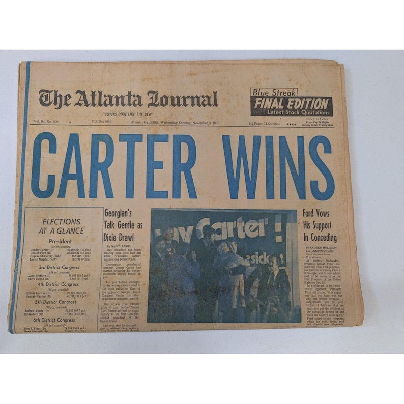 Jimmy Carter Wins! 1976 Atlanta Journal Newspaper Nov 3 Blue Streak Final Ed. image 1