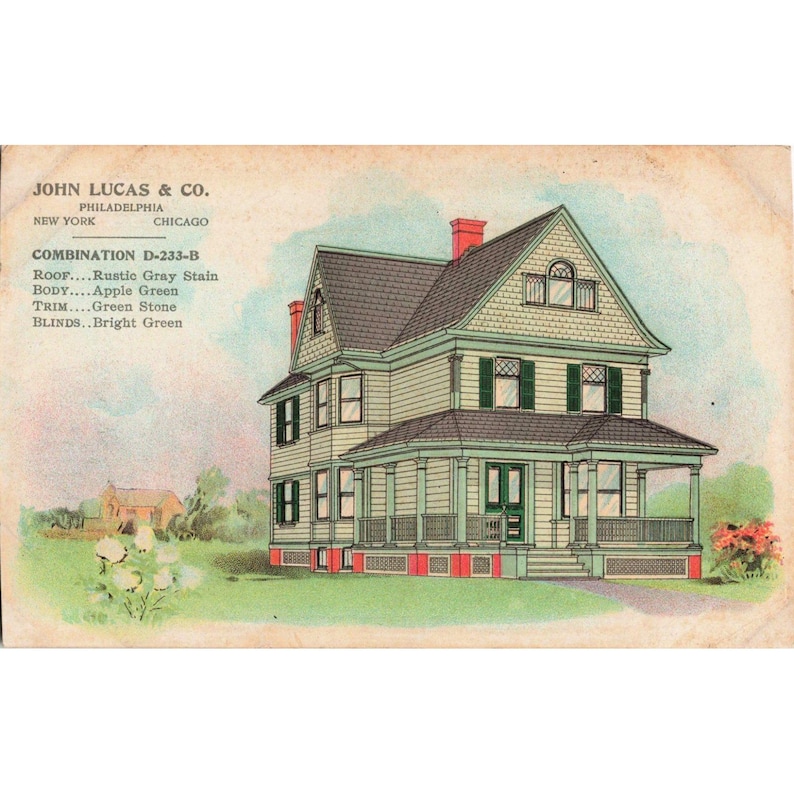 Vintage John Lucas Co Paint Color Advertising Card Victorian House Owego NY VG zdjęcie 1