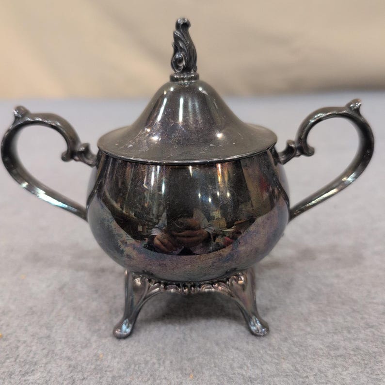 Vintage Silver Plated Footed Sugar Bowl with Lid Ornate Handles Tarnish Decor image 4