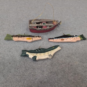 Fishing Boat and Fish Ornaments Set Wood Hand Painted Nautical Lake Decor image 1