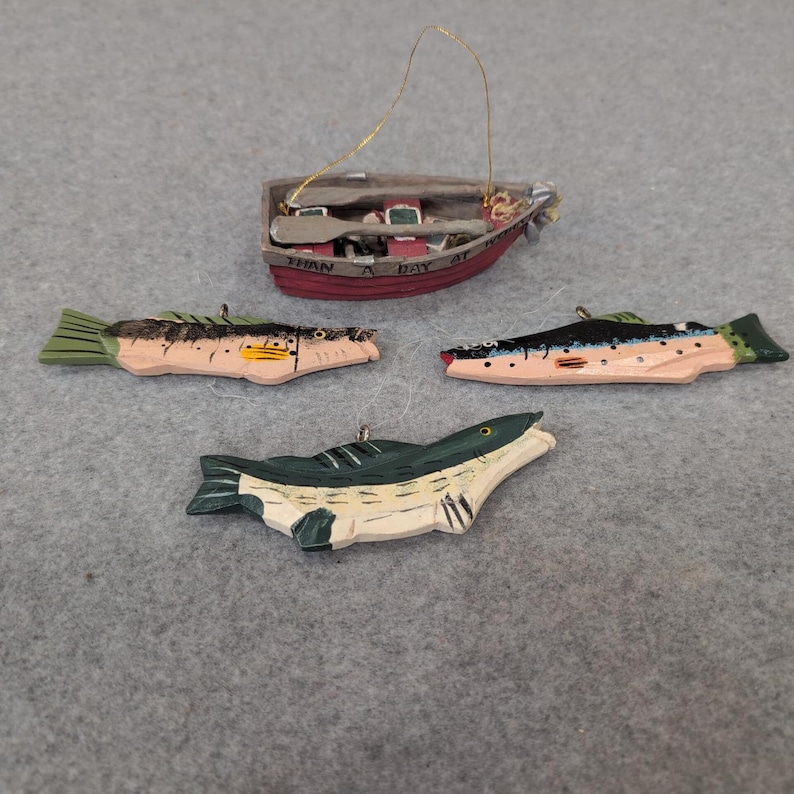 Fishing Boat and Fish Ornaments Set Wood Hand Painted Nautical Lake Decor image 1