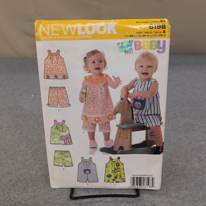 New Look 6198 Baby Sewing Pattern Tops Shorts Romper Size NB-L Uncut 6198 A image 1