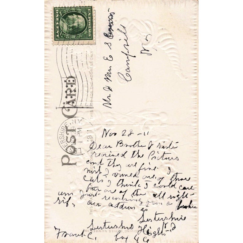 Antique 1911 Thanksgiving Greetings Embossed Postcard Turkey Cornucopia NY Stamp image 2