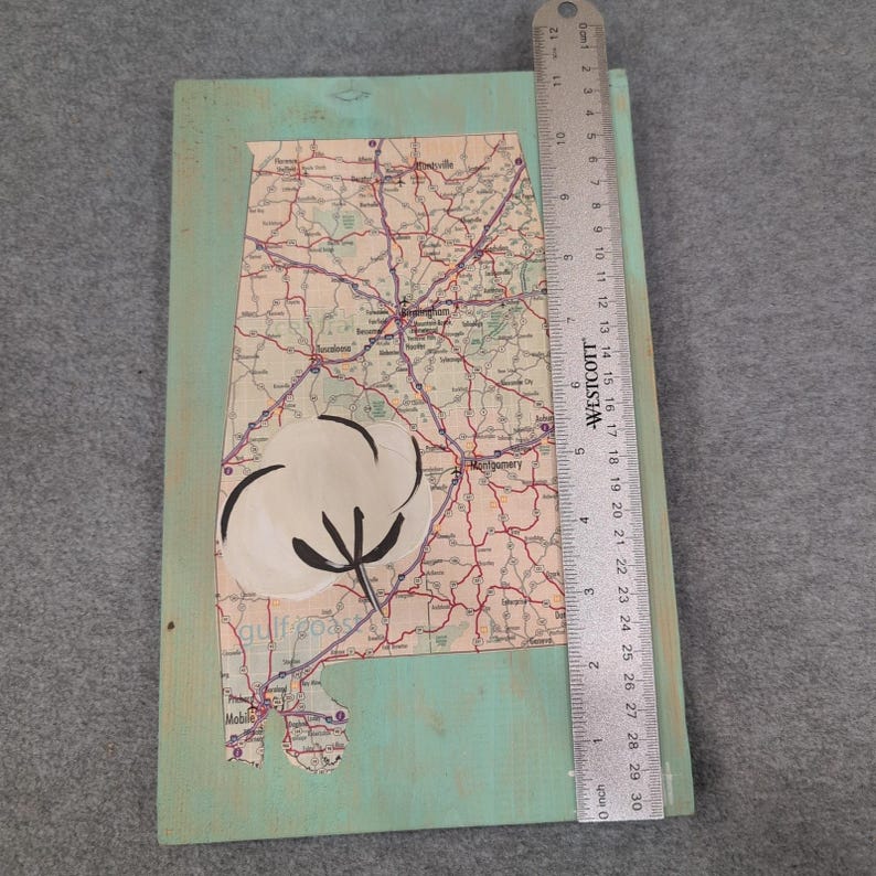 Alabama Map Cotton Boll Holzschild Rustikale Südliche Wohnkultur Wandkunst Bild 3