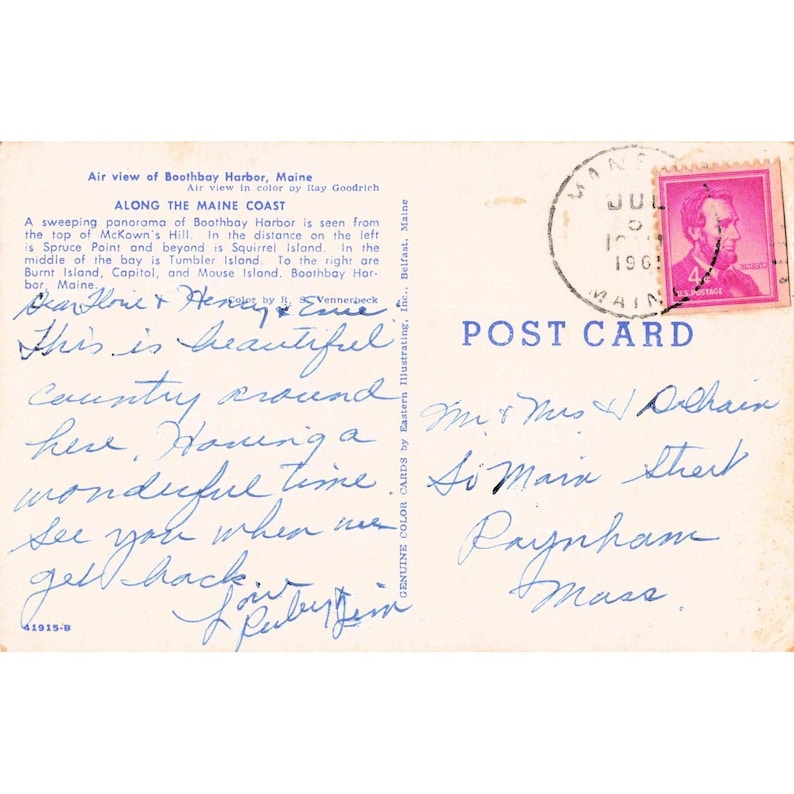 Vintage 1961 Boothbay Harbor Maine Postcard Aerial View Maine Coast 4c Stamp VG image 2