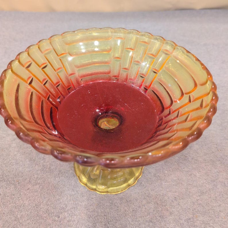 Vintage Amberina Glass Basketweave Compote Footed Candy Dish Red Yellow Scallop image 2