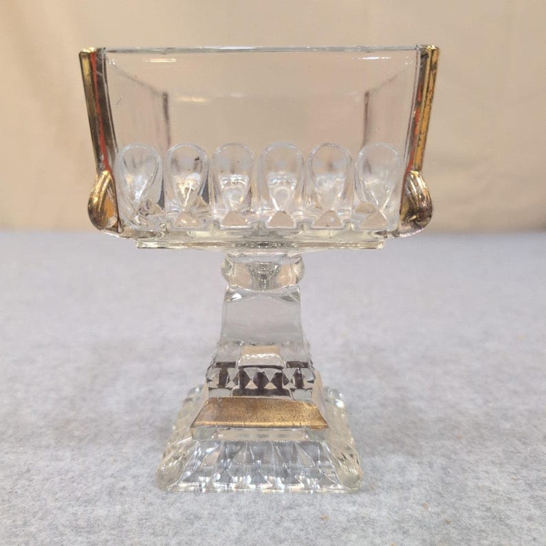 Vintage Clear Pressed Glass Square Pedestal Dish Gold Trim Thumbprint Pattern image 1