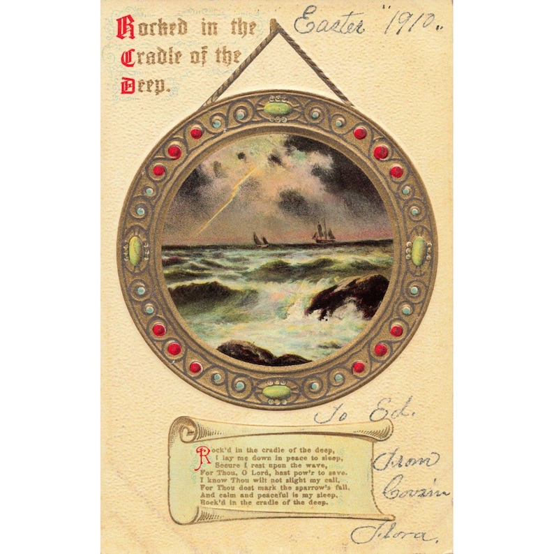 Antique 1910 Easter Postcard Rocked in the Cradle of the Deep Saxony Embossed VG image 1