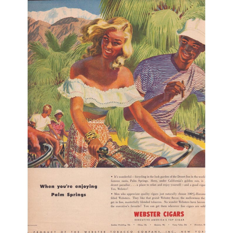 Anúncio impresso da revista Vintage Webster Cigars Palm Springs Bicycling Magazine Desert Inn Art imagem 1
